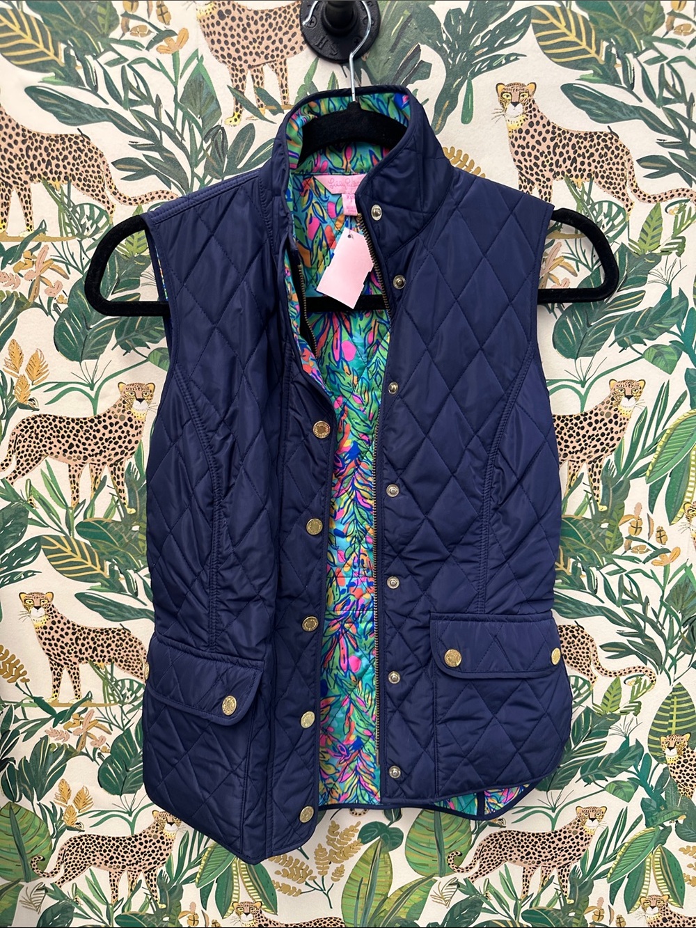 Lilly Pulitzer Navy Quilted Vest with Colorful Floral Liner XXS